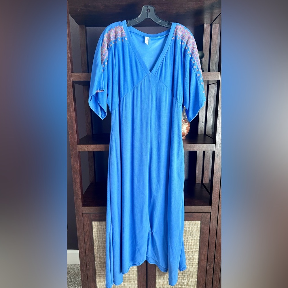 Blue Embroidered Midi Dress with Pockets